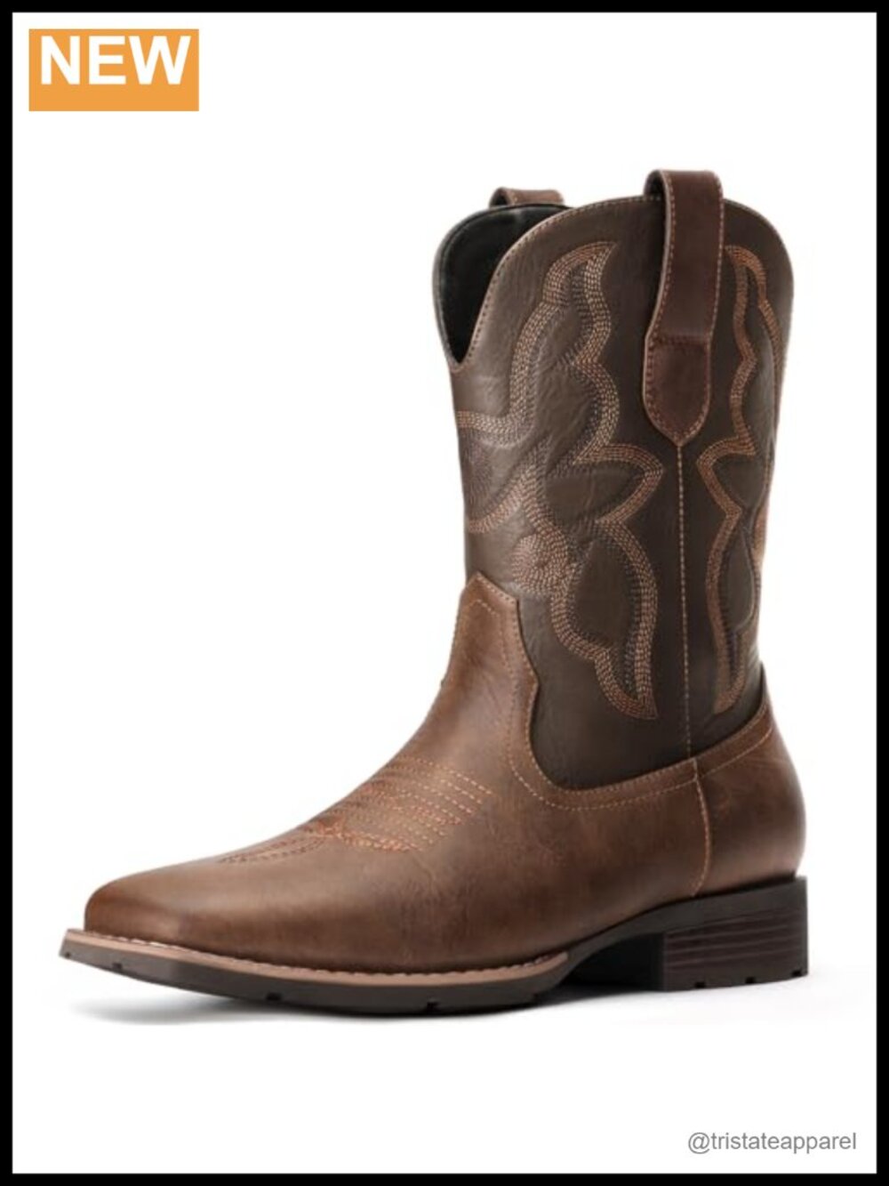 Men's Western Cowboy Boots Faux Leather Square Toe Pull-On Embroidered